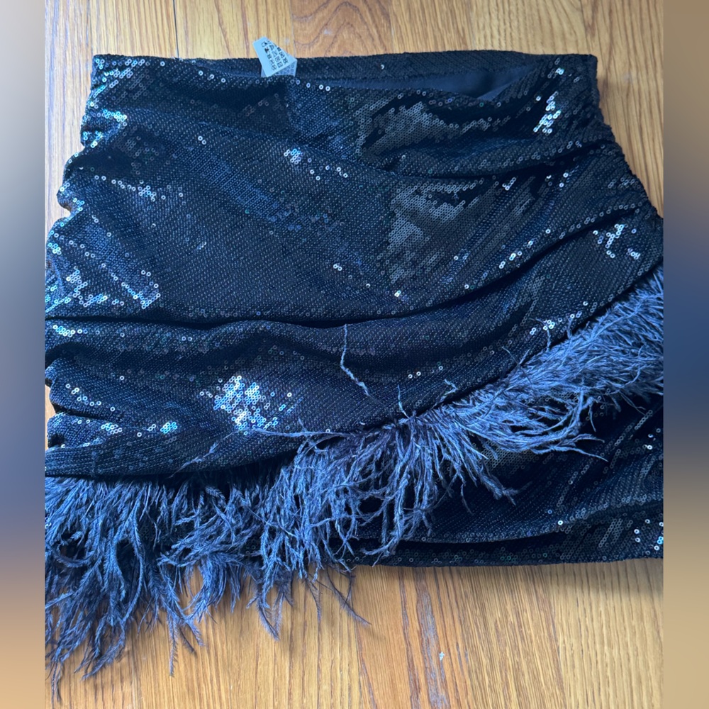 Black Sequin Feather Trim Dress